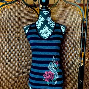 Harley Davidson women’s size small black and red striped tank top with roses